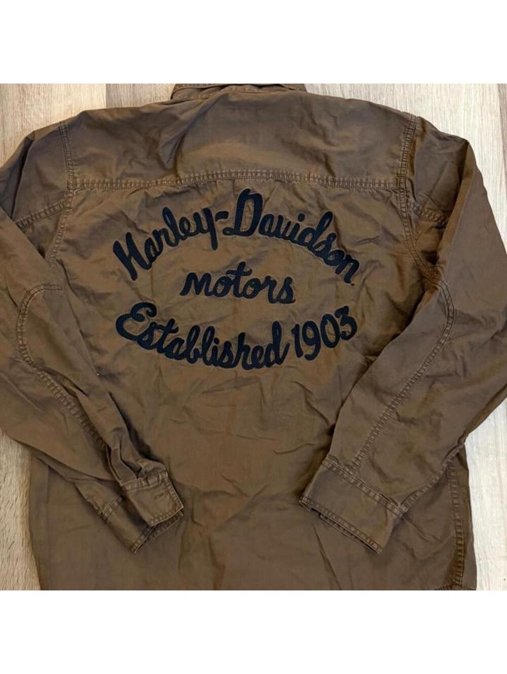 Y2k Brown Harley Davidson button-up shirt sz L with embroidered logo #bikerstyle